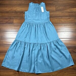 Eileen Fisher Women's Size XXS River Blue Washed Silk Tiered Long Dress